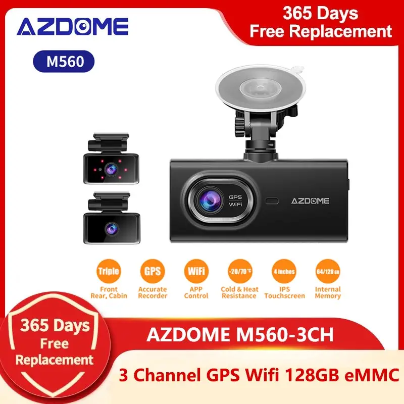 

AZDOME M560 3 Channel Car Camcorder 4K+1080P HD 3 Camera Car DVR GPS WiFi Sony Sensor Night Vision Logger Dash Cam Rearview Lens