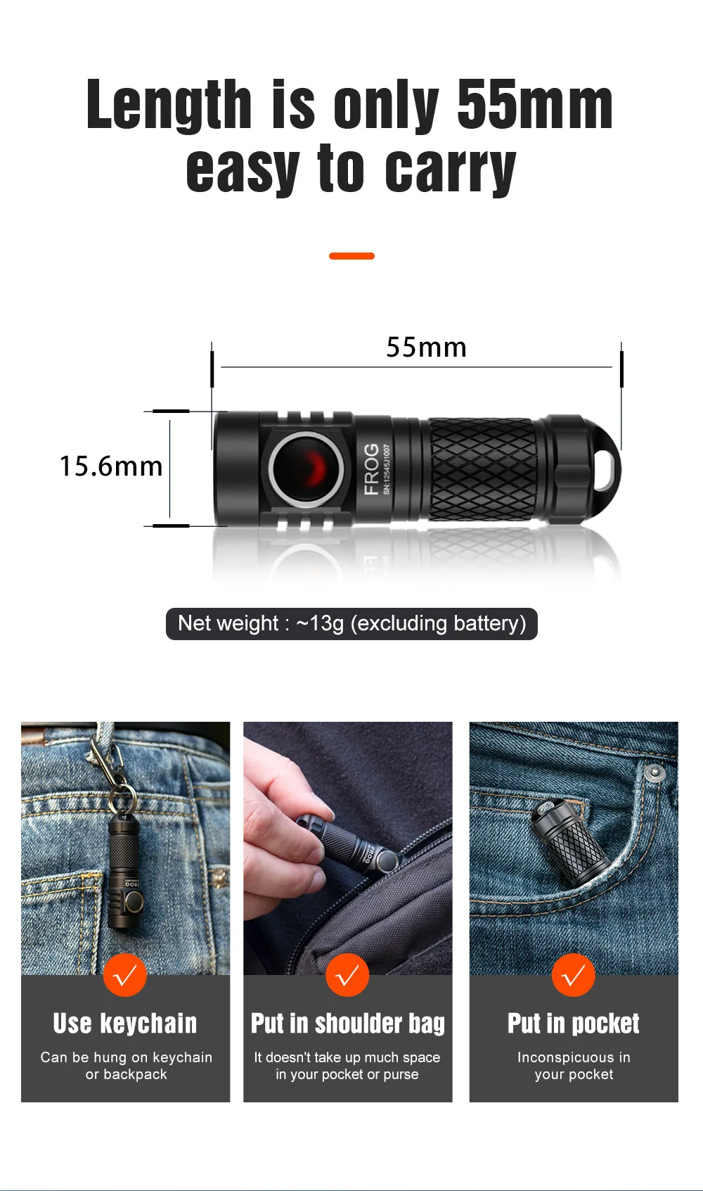 Description Picture 3 of itemEDC LED Rechargeable Lamp Fishing Flashlight USB C Outdoor Camping Lantern Keychain  10280/10440 Battery High Power Torch Frog