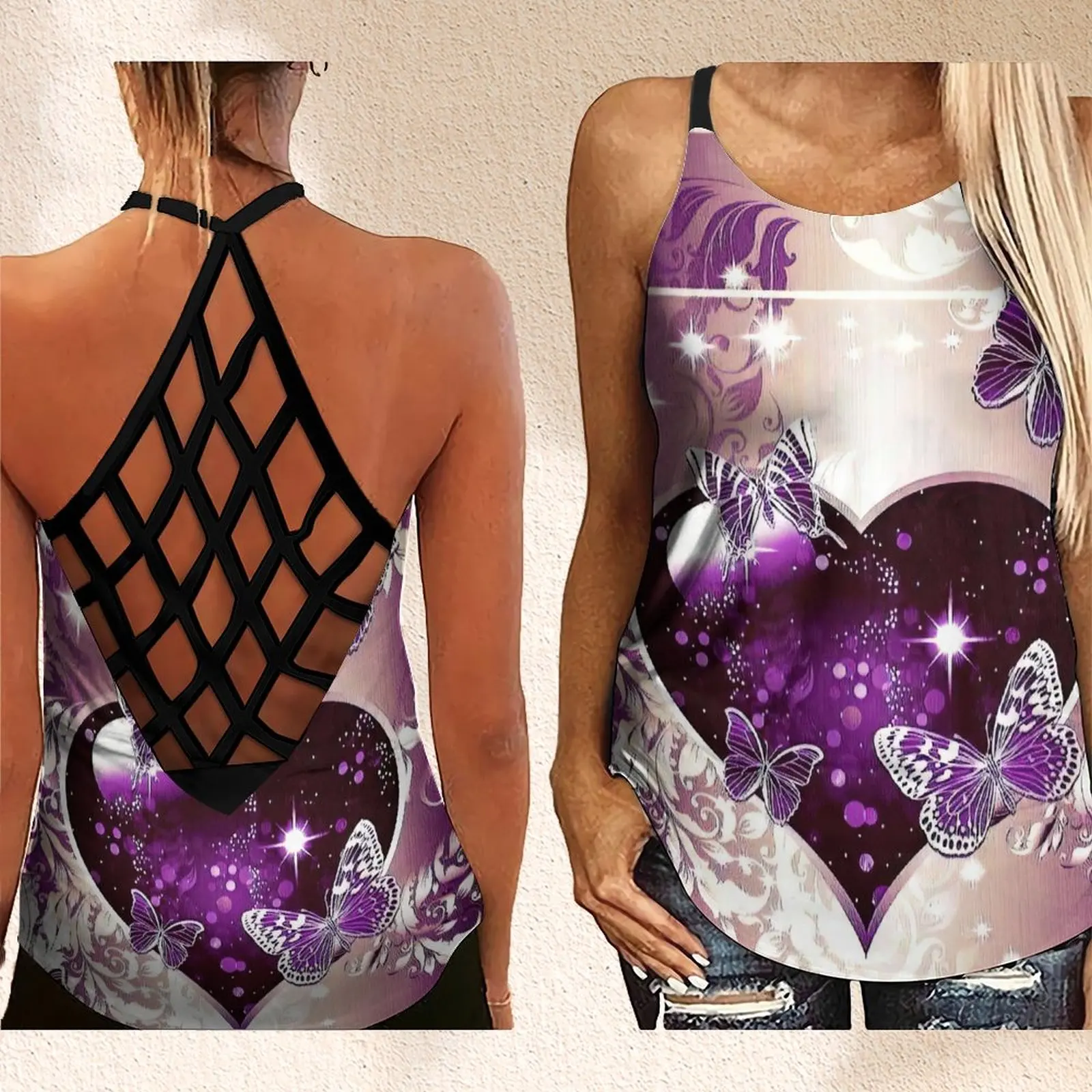 

Женская модная майка без рукавов с открытой спиной и перекрестными бретельками Женская майка с принтом Love Butterfly