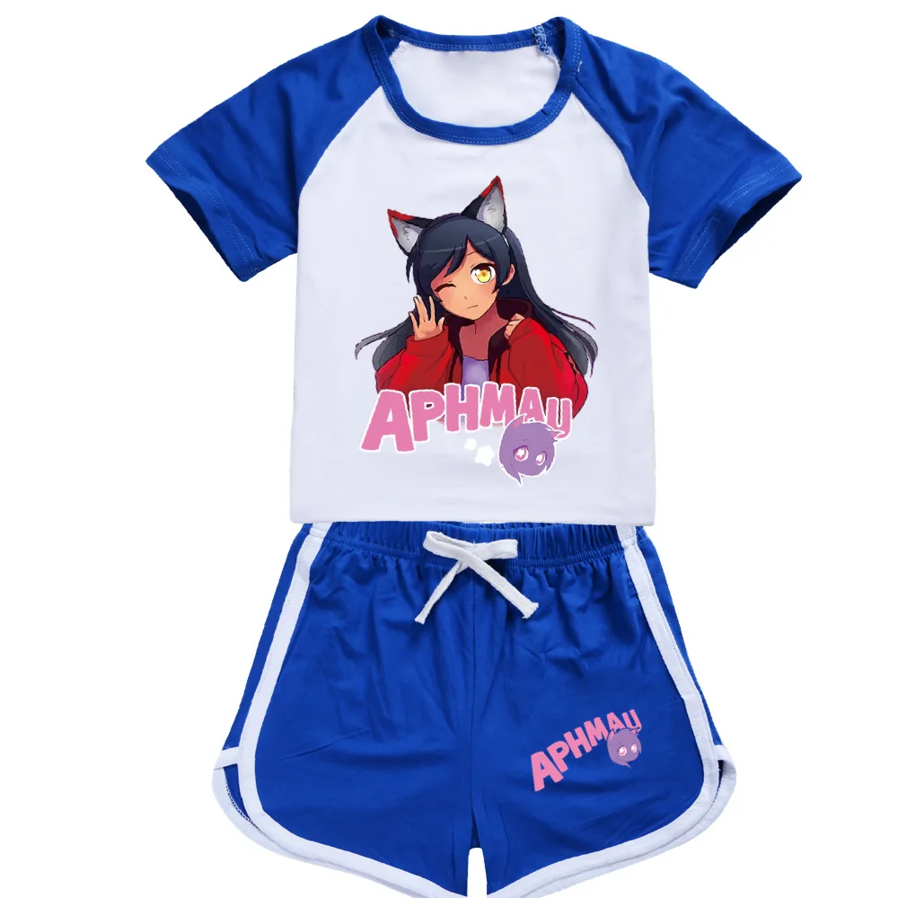 Anime Aphmau Cat Clothes Kids Summer Short Sleeve Tops Shorts 2pcs Sets Baby Girls Cartoon Tshirt Teenager Boys Causal Sportsuit