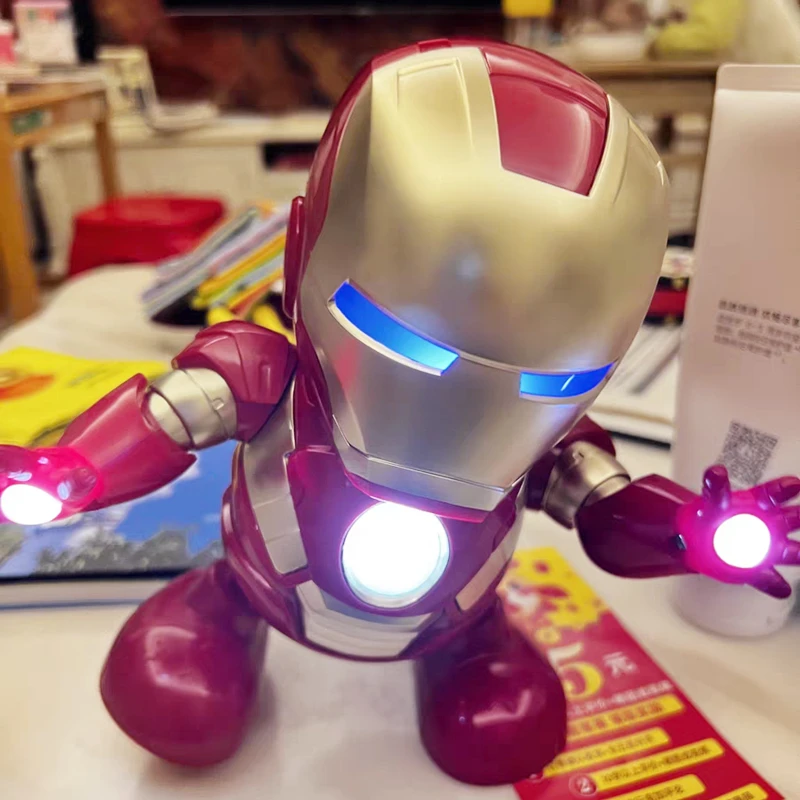 

Hot 19cm Marvel Anime Iron Man Dance Action Figures Sing Sound Led Spiderman Avengers Ironman Super Heros Robot Baby Kids Gift