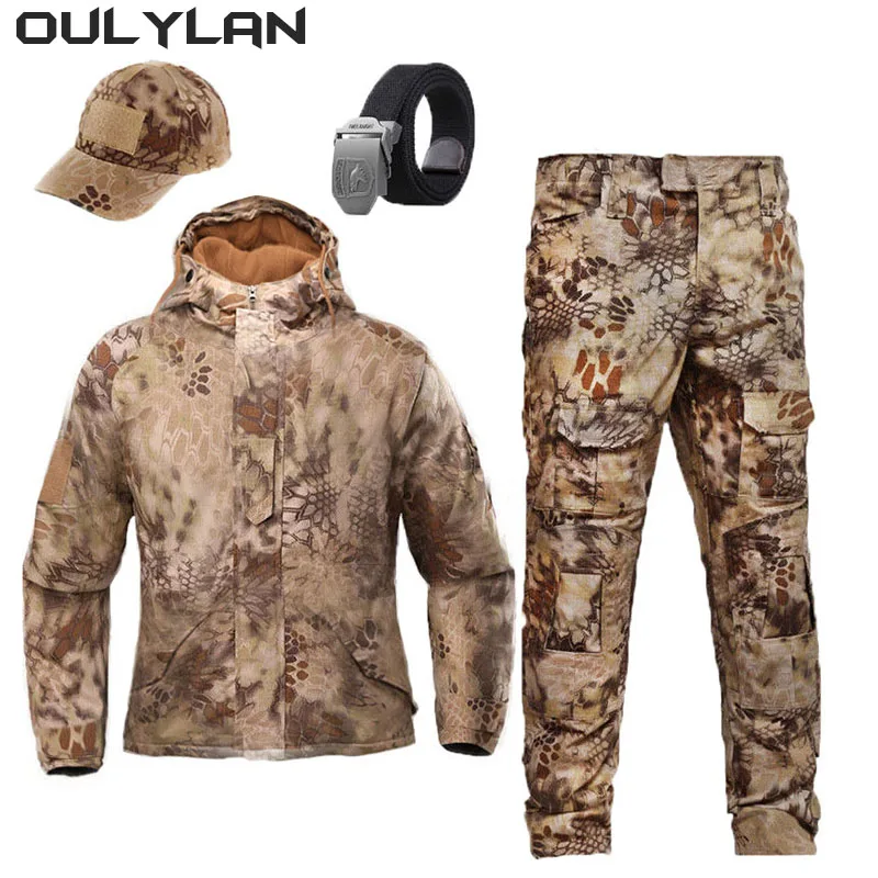 

Oulylan Tactical Winter 4 PCS Set Men's Outdoor Waterproof Suit Multi-Pocket Soft Shell Jackets Sharkskin Work Pants
