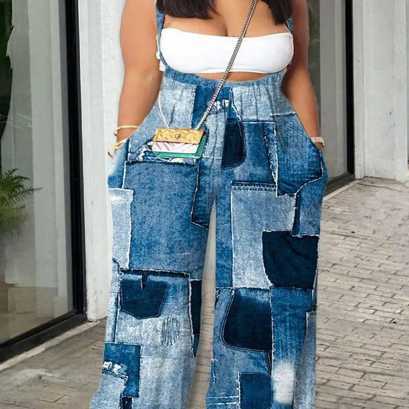 

Plus-size Denim Print Loose-fitting Overalls Chic Fashion Summer Daily High Style Casual Sexy Form-fitting Woman