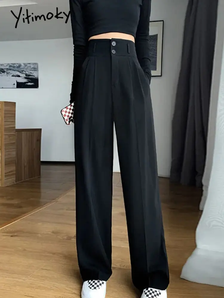 Black Suit Pants For Women Korean 2 Buttons Wide Leg Trousers Vintage  Streetwear High Fashion Office Ladies Work Pants