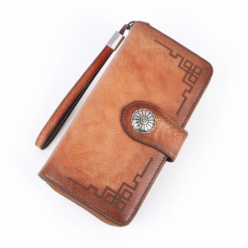 

Genuine Leather Women Long Purse Wallet ID/Credit Cards Cash Handy Bag Multi-Purpose Printing Retro Female Wrist Clutch Bags