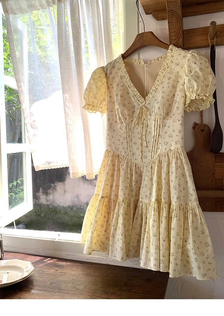 French Floral Printed Short Dresses for Women Y2K V-neck High Waist Birthday Party Dress Korean Chic Prom A-line Summer Vestidos