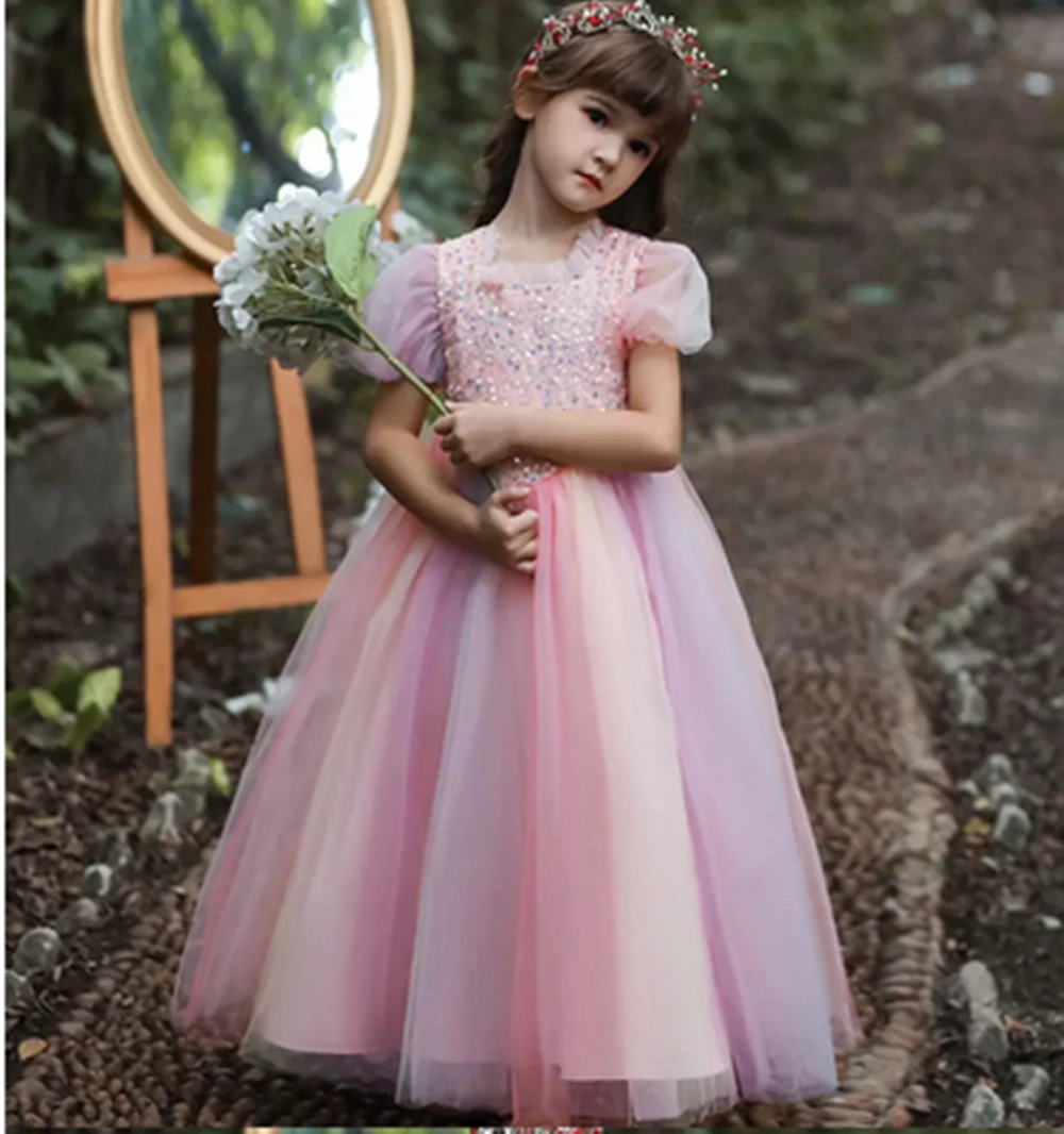 

Elegant Tulle Lace Printing Sequins Princess Flower Girl Dresses Wedding Party Ball First Communion Gowns Dream Kids Gift