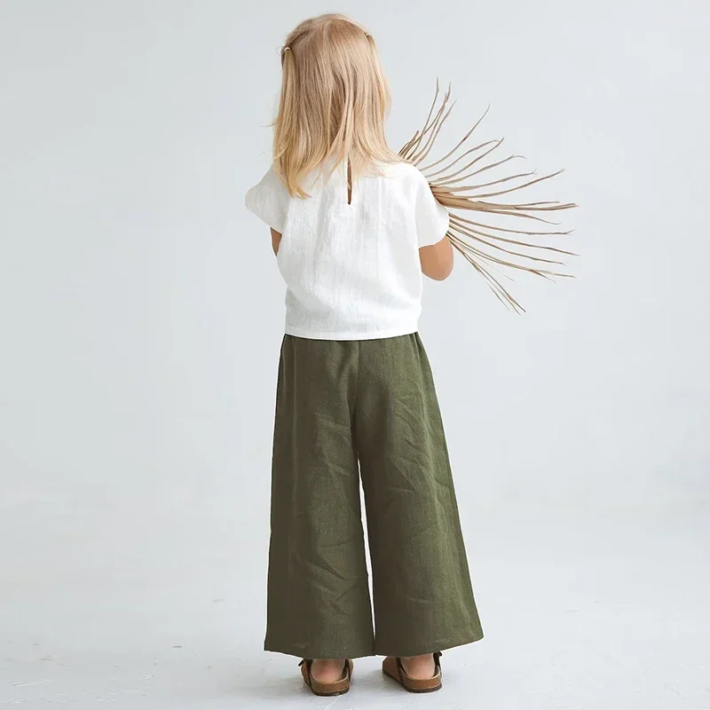 Girls Summer Cotton And Linen Loose Wide-Legged Pants