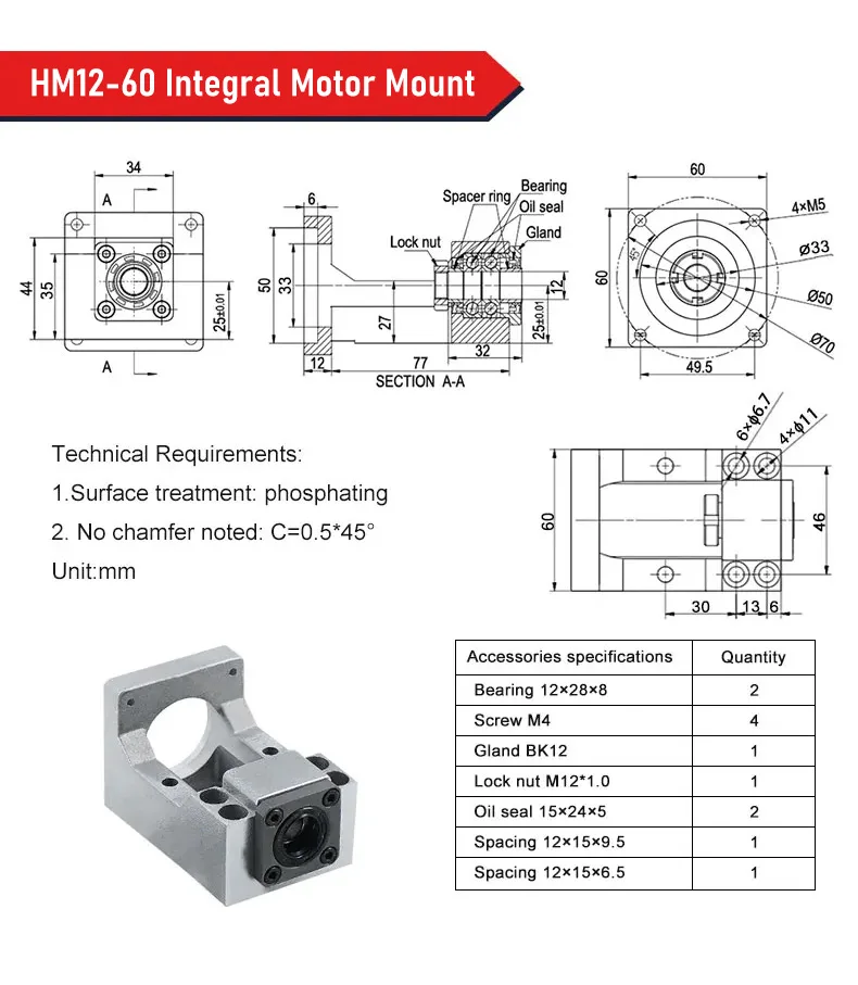 SFU1604/1605/1610 Kugelumlaufspindel mit Mutter 1200–2500 mm + HM12–57/60 Aluminiumguss + BF12-Unterstützung + Kupplung + DSG16H für CNC-Teile – Detail 10