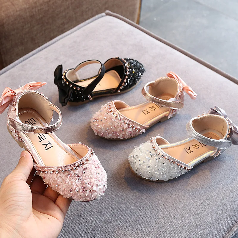 

Toddler Leather Sandals 2023 Summer New Korean Rhinestone Round Toe Soft Sole Girls Flat Sandals Princess Shoes Size : 21-36