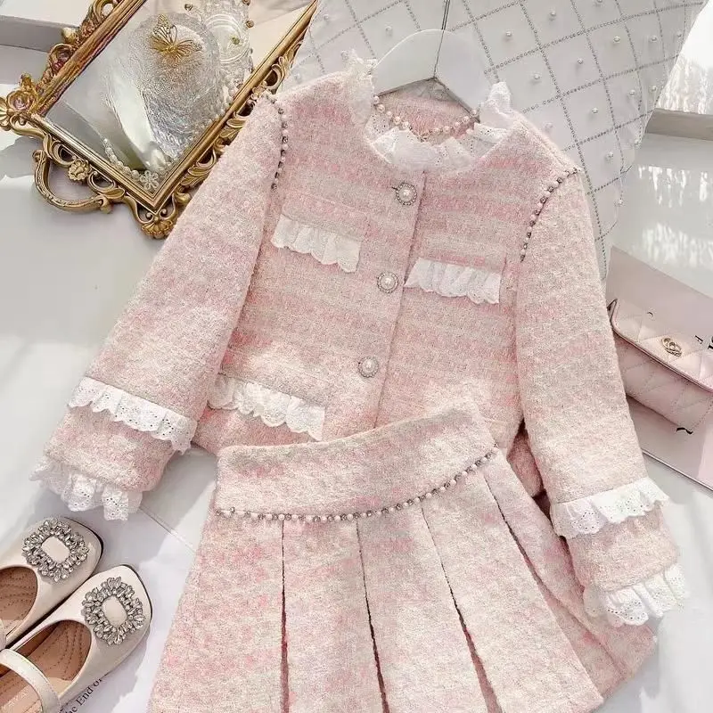 

Retail New Baby Children Fashion Teenage Pink Boutique Sets, Coat + Skirts Princess Formal Lady Suits Girl 4-12T