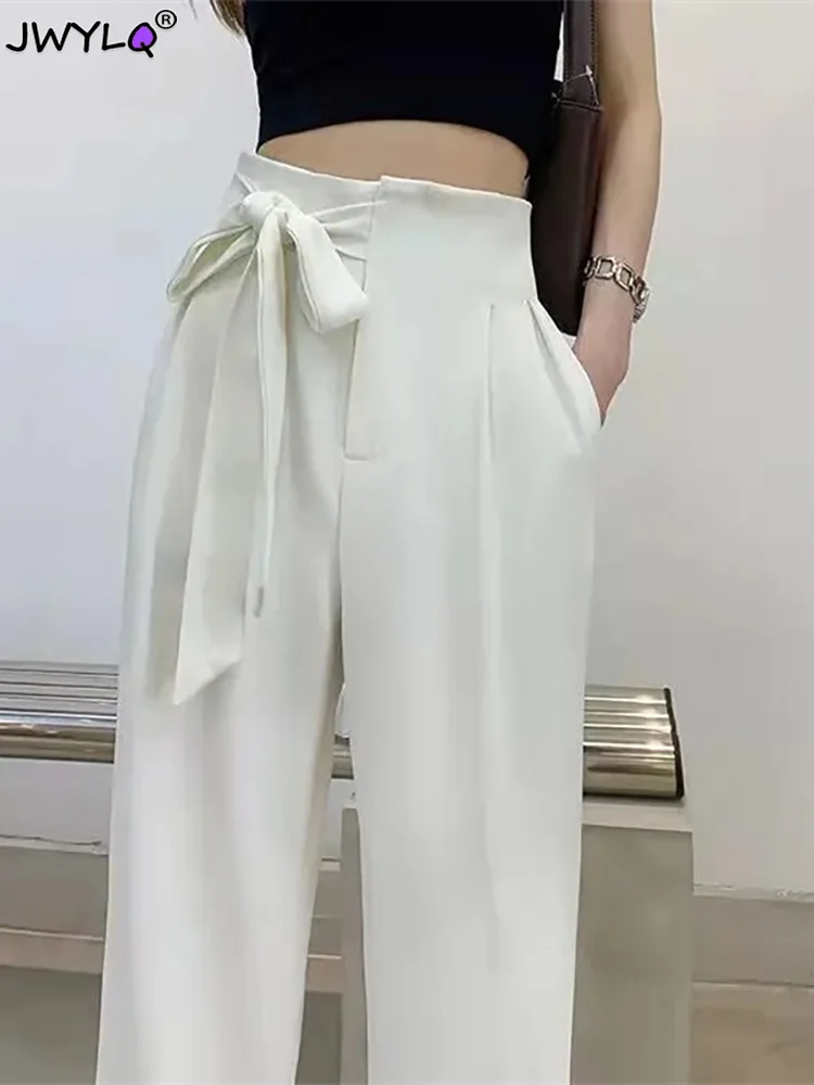 

Summer Bow Tie Elastic Waist Cotton Linen Pants Women New Baggy Straight Trousers Vintage Pantalones Casual Ankle-length Spodnie
