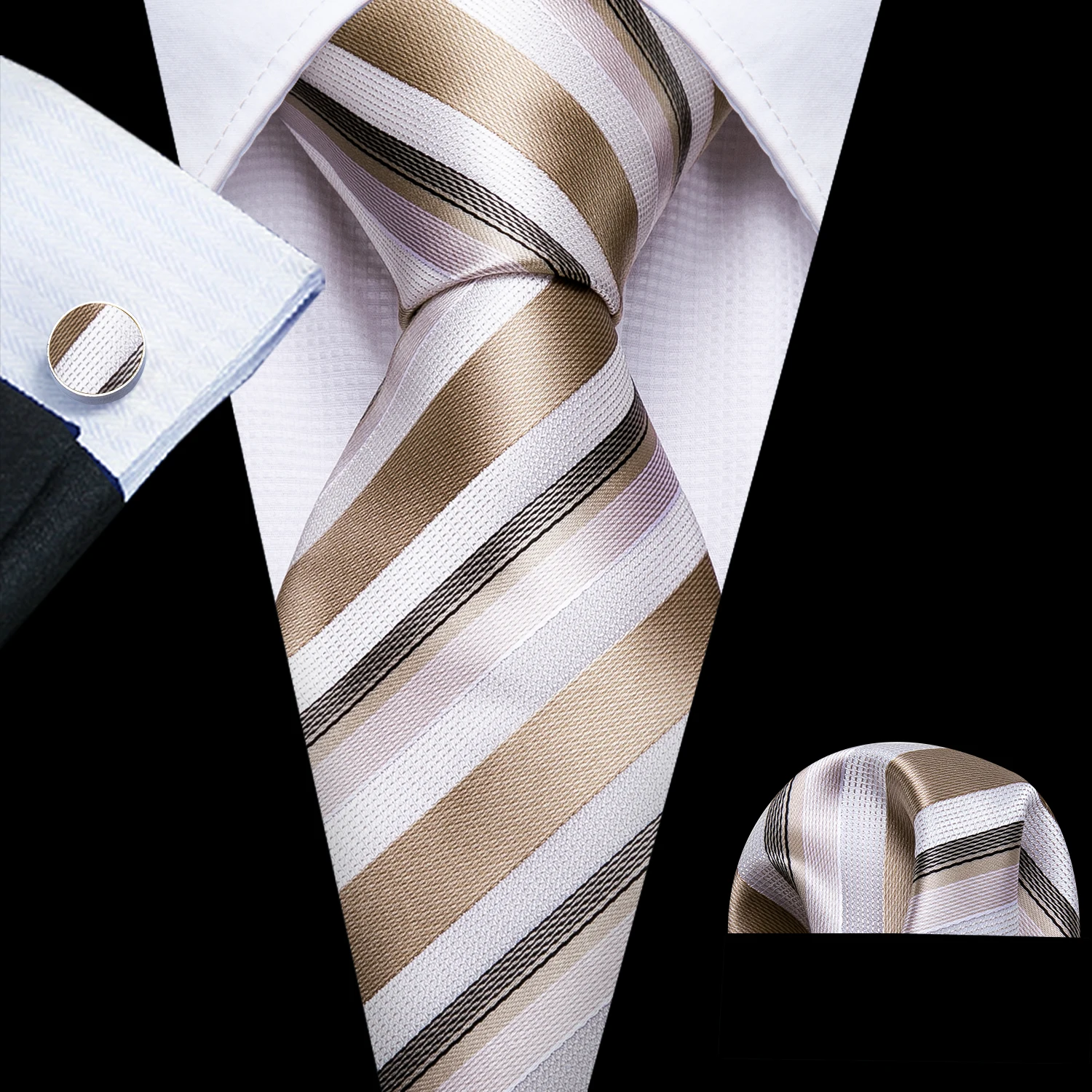 Champagnerfarbene gestreifte Hochzeitskrawatte für Herren, luxuriöses Taschentuch, Manschettenknöpfe, hochwertige Anzugkrawatte, Designer-Geschenke 5323 – Detail 5