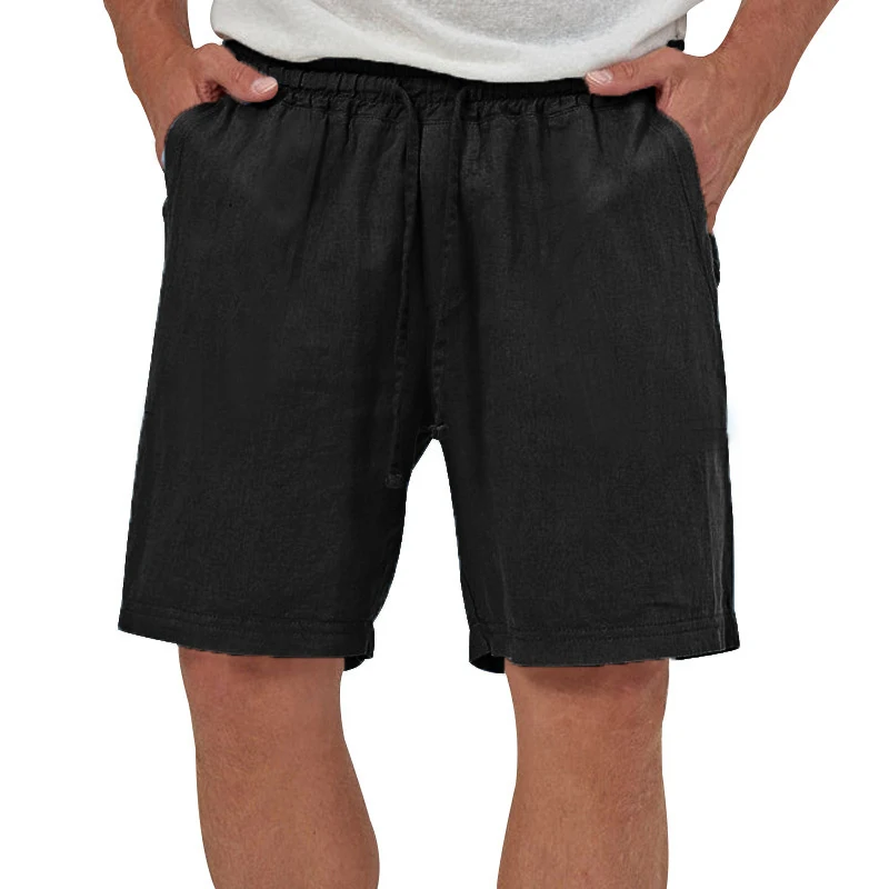 Summer Mens Linen Elastic Shorts Lightweight Cotton Trousers Pockets Breathable Beach Pants Fitness Sweatwear Shorts Men 4