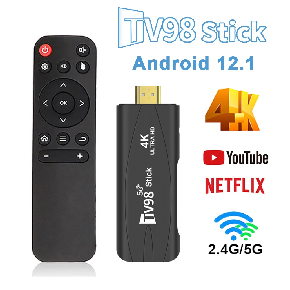 Mini TV98 TV Stick Android 12.1 4K Smart TV Android Box 2.4G 5G WiFi Smart TV Box H.265 Media Player for Youtube Set Top Box X96