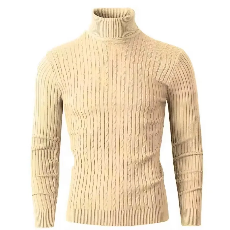 Autumn and Winter New Men's High Neck Pullover Long Sleeved Fashionable Striped Knitted Sweater Warm and Casual Slim Fit Outfit 5