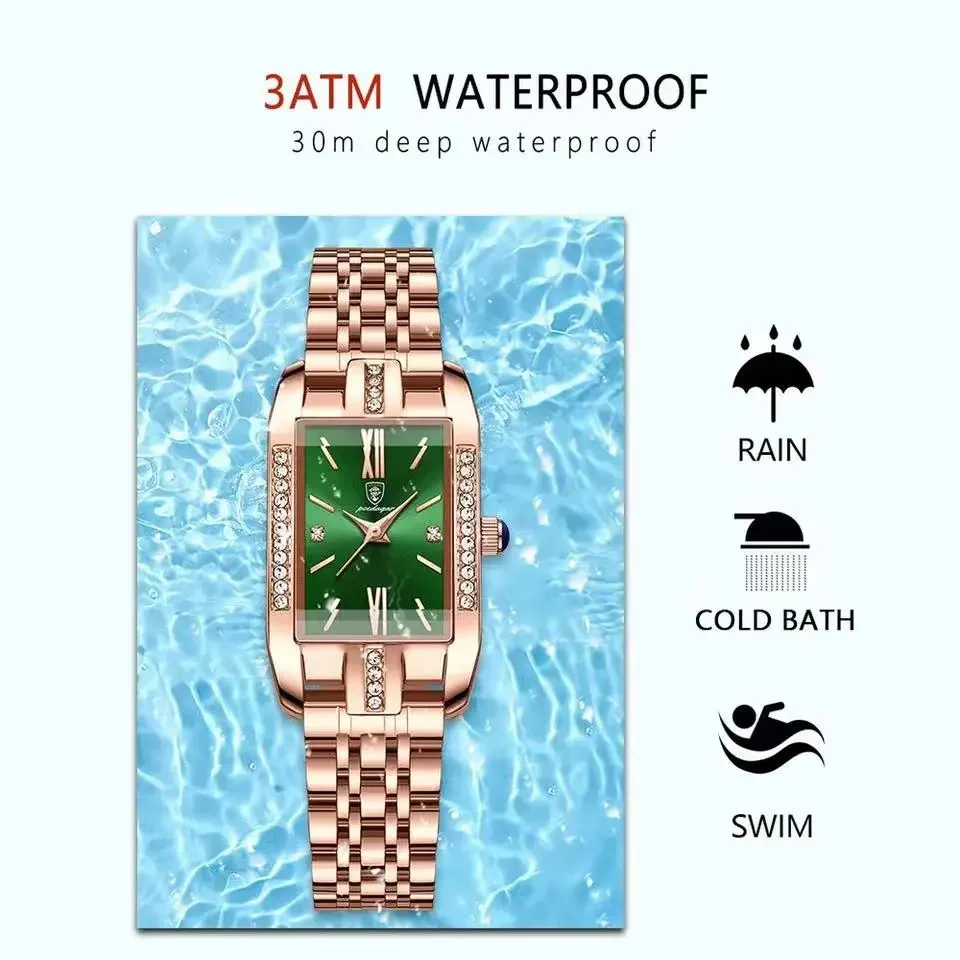 Swiss Brand New Women's Watch High Quality Rectangle Waterproof Diamond Quartz Watch Green Stainless Steel Wristwatch with Box