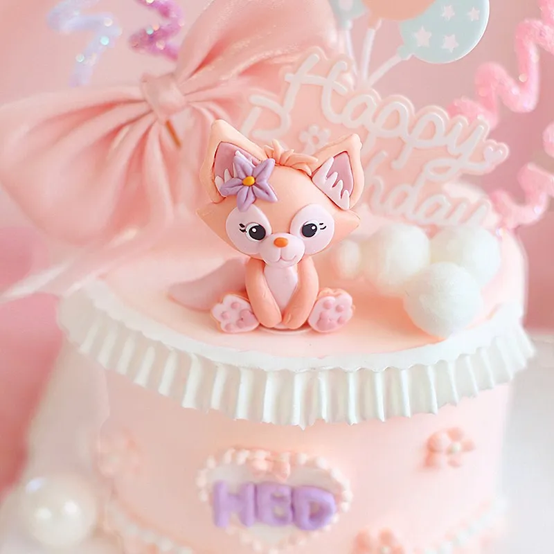 Cute Pink Fox Bow flower Cake Toppers Girl's Birthday Dessert Decoration for Children's Day Party Supplies Lovely Gifts