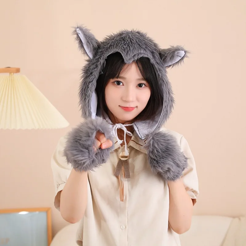 Halloween Gray Wolf Hats With Gloves Set Men Women Funny Headwear Festival Carnival Party Animal Cosplay