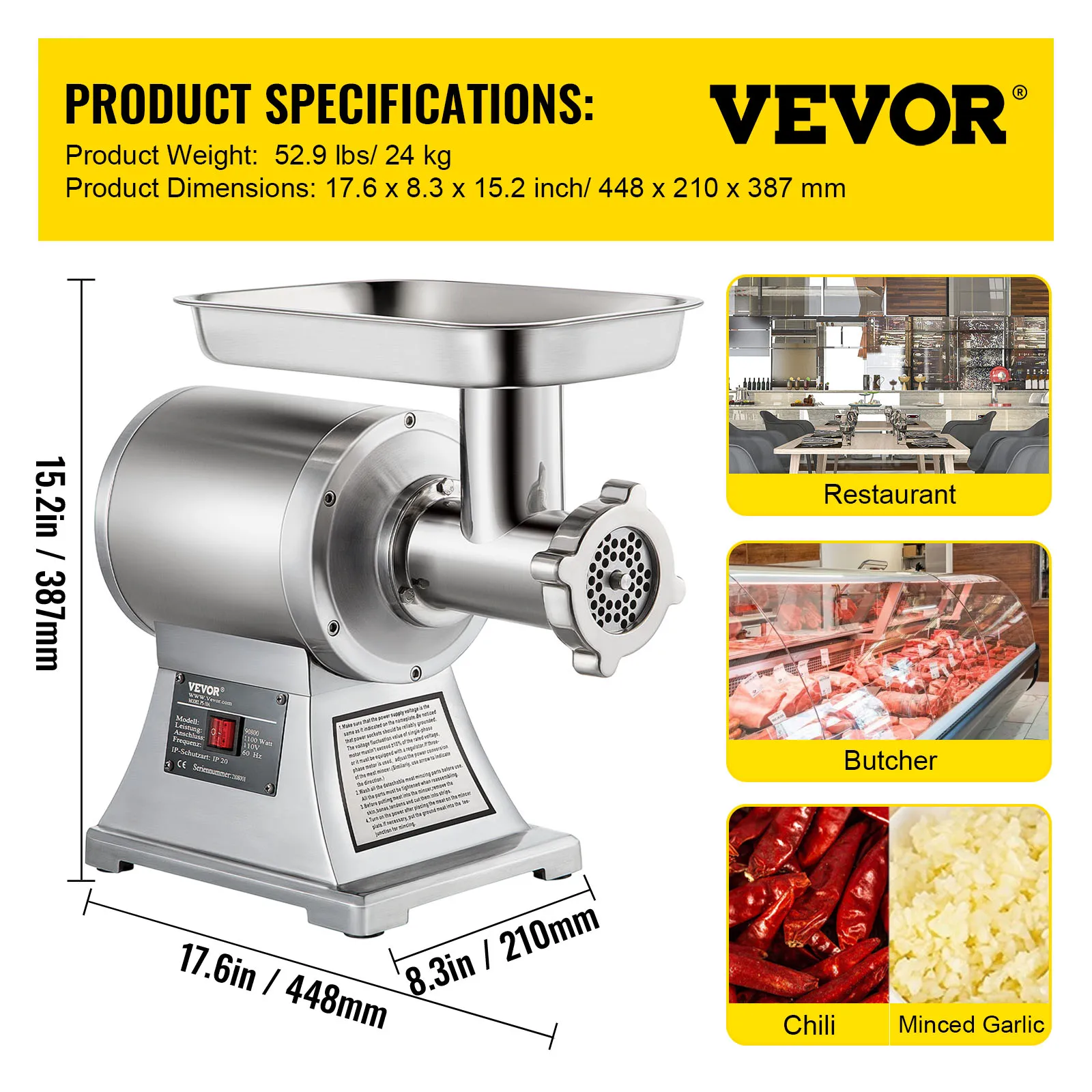 VEVOR 122 Kg/H 250 KG/H Electric Meat Mincer Chopper Heavy Duty Food Processors Kitchen Appliances Commercial Grinder Machine - Image 6
