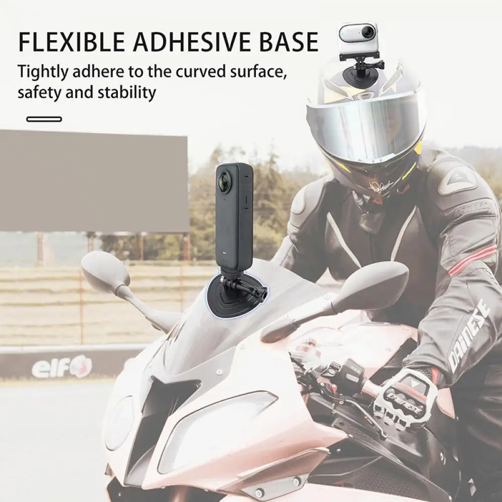 Support adhésif flexible pour caméra d'action avec une GoPro attachée, sur une surface plane.