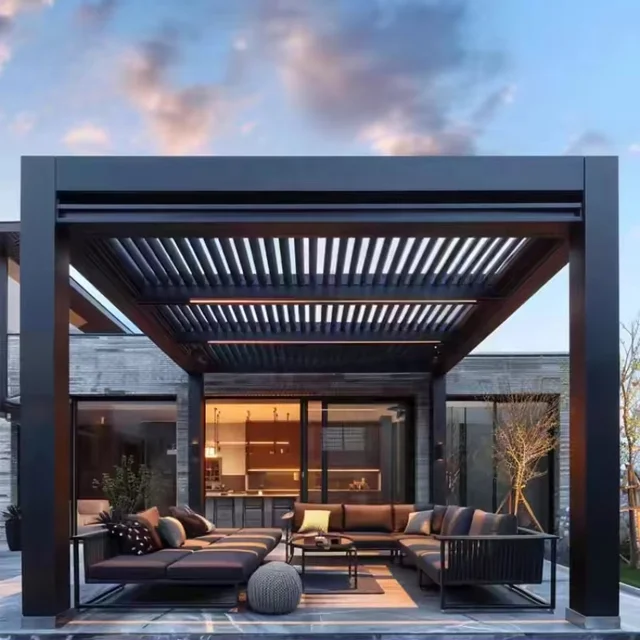 Aluminum pergola, rainproof, electrically adjustable gazebo, electric louvered awning, outdoor patio sunshade.