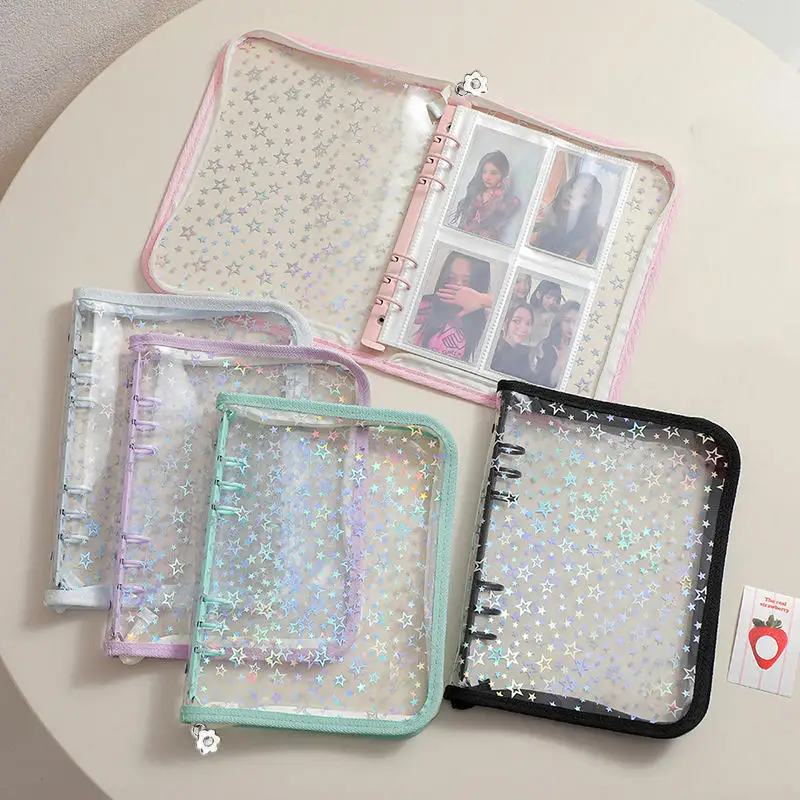 A5 laser star zipper binder collect book refill organizer DIY journal diary transparent Kpop idol photo album kawaii stationery