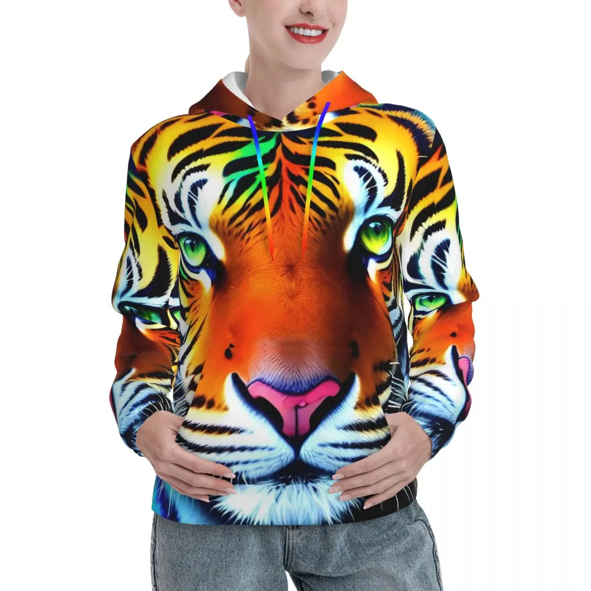 

Повседневные толстовки Caspian с изображением тигра, женский красочный Радужный смешной пуловер, толстовка, зимняя верхняя одежда, пользовательские толстовки, одежда оверсайз