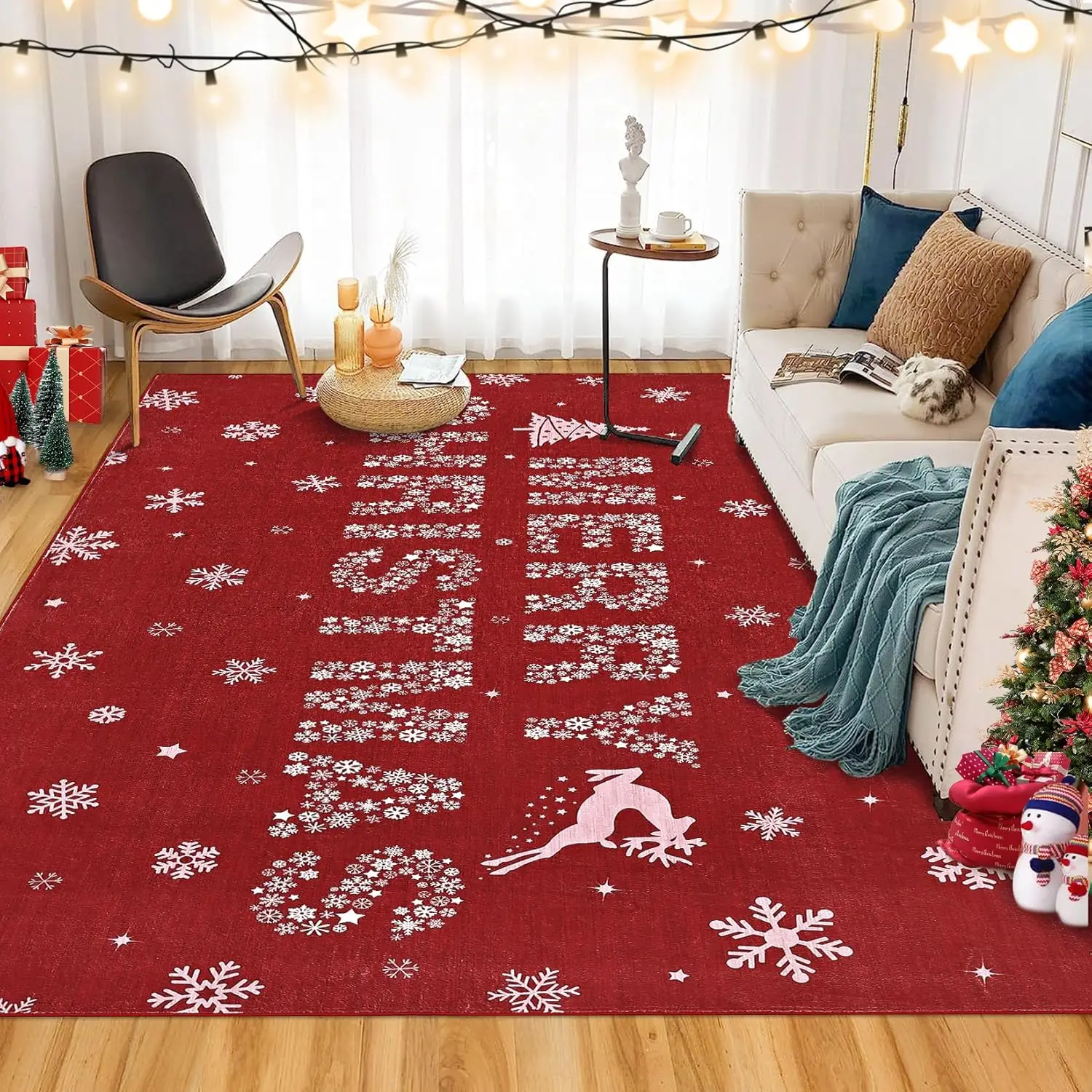 Weihnachts-Schneeflocken-Teppich, waschbar, rutschfest, weich, niedrigflorig, Matte, Frohe Weihnachten, Bodenteppich für Wohnzimmer, Schlafzimmer, Heimdekoration – Detail 12