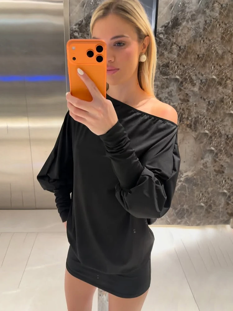 Nibber Backless Dress Women Slash Neck Full Sleeve Skinny Solid Simple Classic High Elasticity Fashion Party Street Mini Bodycon