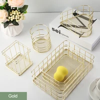 Nordic Gold/Rose Metal Iron Storage Basket Desktop Sundries Organizer Rack Cosmetics Makeup Brushes Holder Jewelry Storage Box 5