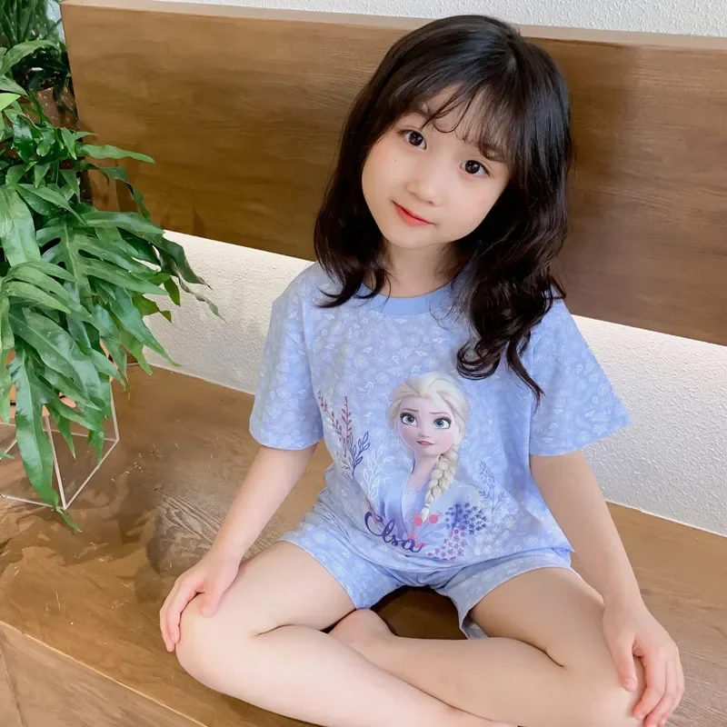 Children Pajamas Set Cartoon Frozen Elsa Print Kids Girls Short Sleeve Clothing Sets Home Sleepwear Summer Nightgown 2-9 Years