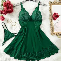 G-string Nightgown Set For Sexy Woman Summer Night Dress Ultra-thin See-through Pajama Sets Lace Sleepwear Suspender Lingerie