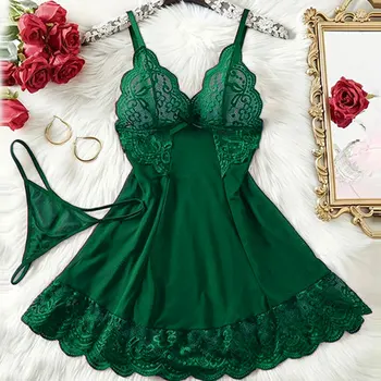 G-string Nightgown Set For Sexy Woman Summer Night Dress Ultra-thin See-through Pajama Sets Lace Sleepwear Suspender Lingerie 1