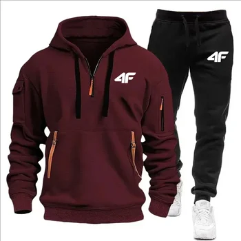Men's Fitness Set European Style, Hooded Sweatshirt & Joggers 2-Piece, Multi-Pocket Loose Sportswear, Spring Autumn Casual Train