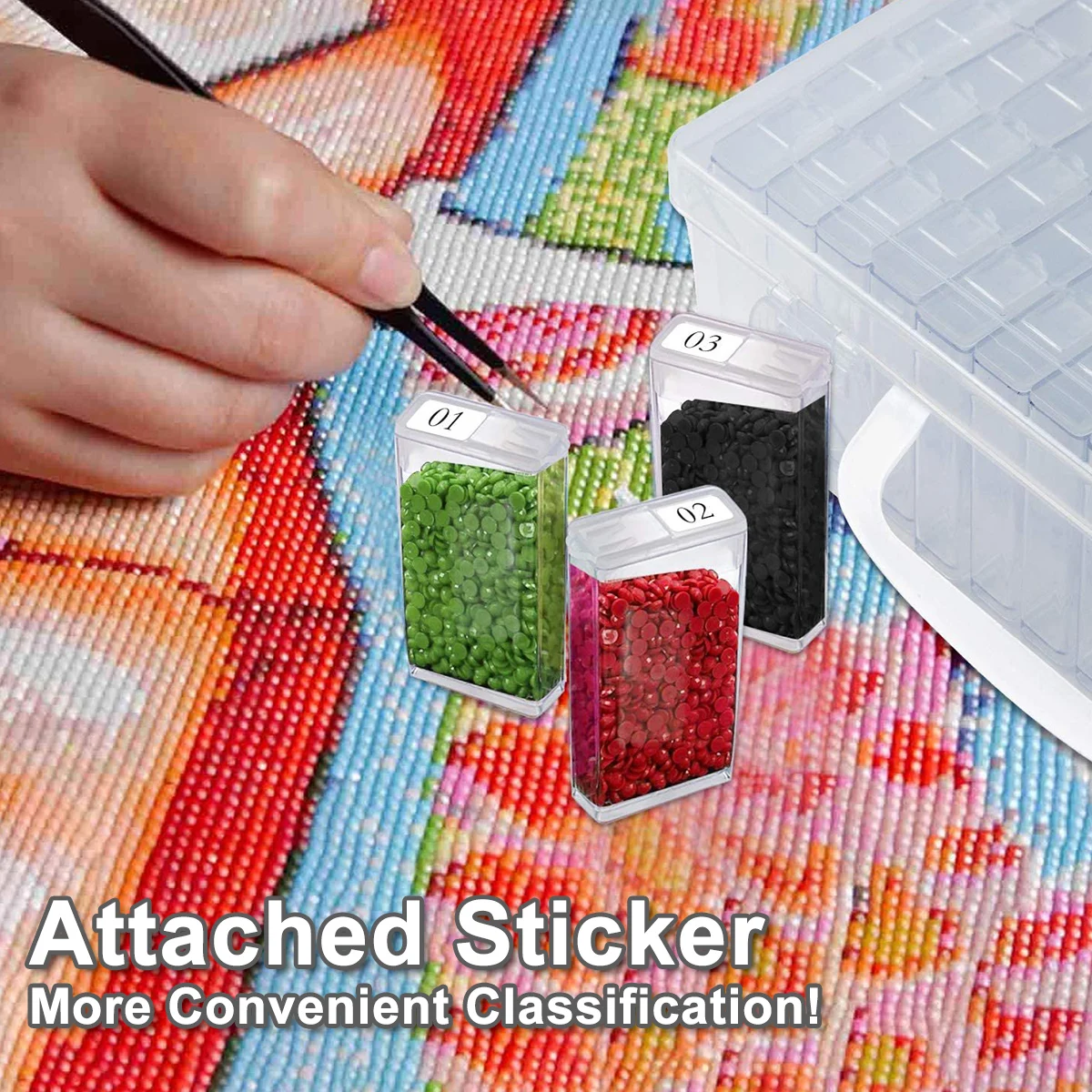 다이아몬드 페인팅 보관함, 휴대용 다목적 씨앗 정리함, 네일 아트 자수 보관 용기, 스티커 포함, 64 슬롯