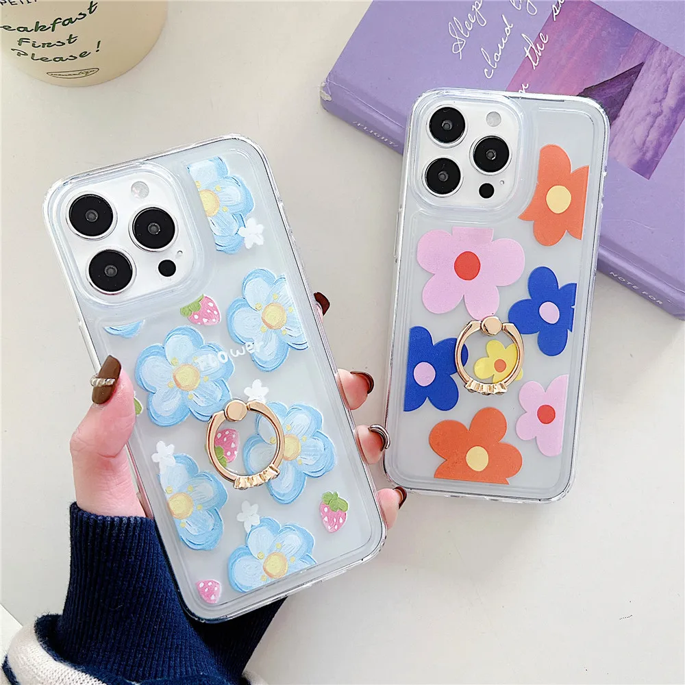 Coque de téléphone transparente avec porte-fleurs de Style coréen, étui Transparent pour iphone 15 14 12 13 11 Pro Max Plus, support Floral mignon pour fille_voghion.com