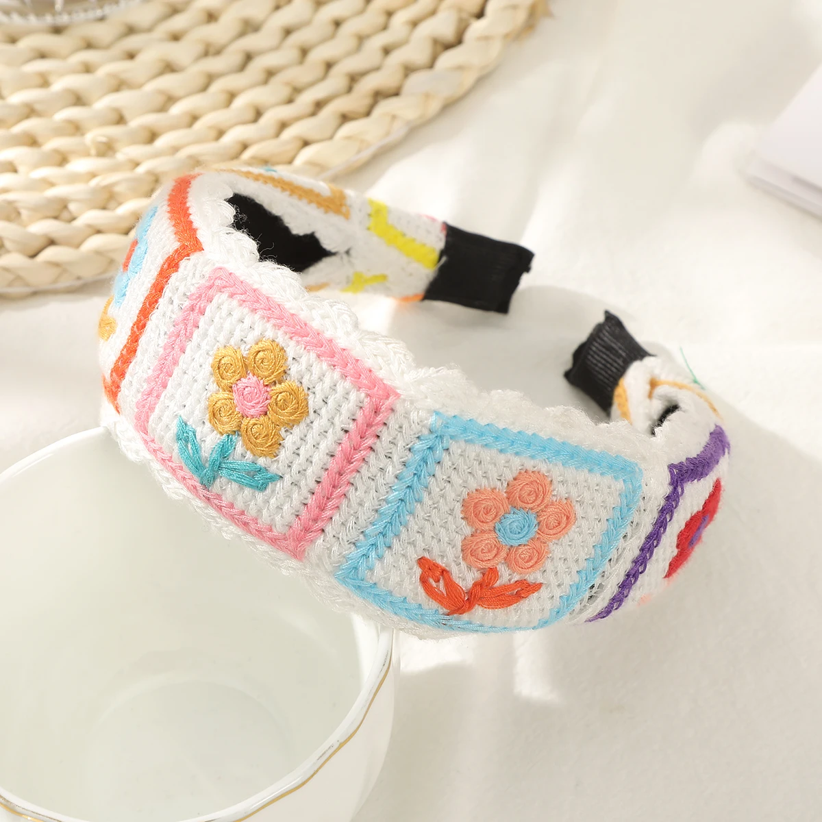 Flower Pink Ethnic Crochet Headband Hair Hoops Women Knitting Hairband Hair Hoop Retro Hair Bands Women Wide Hair Accessories