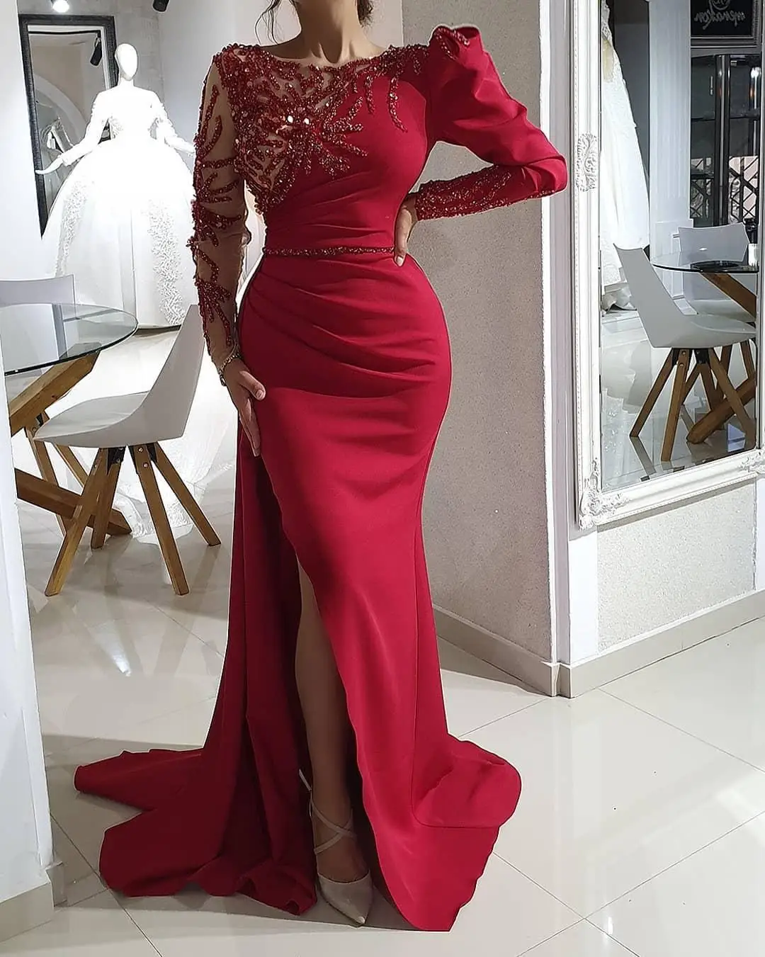 

Arabic Burgundy Mermaid Prom Dresses Satin Long Sleeves Formal Party Evening Gowns For Special Occasion Split Slit فستان سهرة