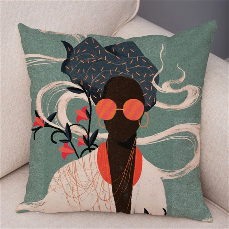 2022 Tropical Plant Soft Plush Black Africa Girl Pillow Case Linen Geometric Fashion Women Cushion Cover for Sofa Car Home Decor