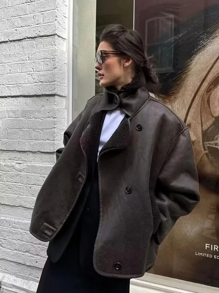 HH Women Thick Warm Outwear Faux Leather Jackets Autumn Winter Vintage Long Sleeve Lapel Coats Fashion Lady Streetwear Top