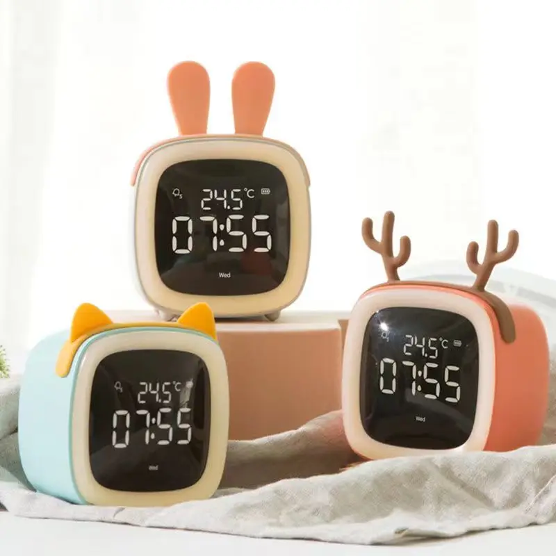 

Cartoon LED Alarm Clock Rabbit Ear Shape Rechargeable Digital Display with Backlit Mini Portable Nigh Light Clocks Home Decor
