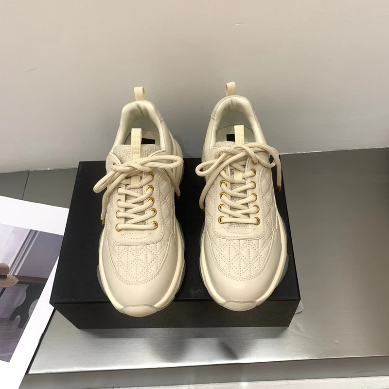 Dave&Di British Fashion Casual Quilted Stitching Leather Flat Shoes Women's Vulcanized Shoes Women Rise Sneakers