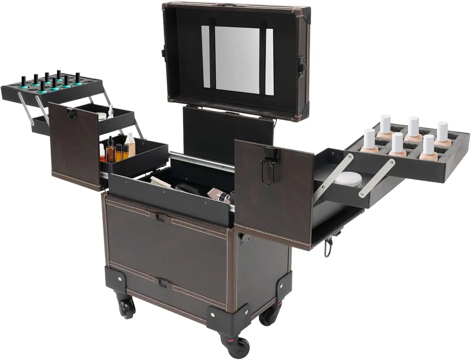 NEUER Rollender Make-up-Koffer mit 4 Rädern, Spiegel und Ausziehbarem Griff, Freistehender Kosmetik-Aufbewahrungsorganizer für Salons – Detail 6