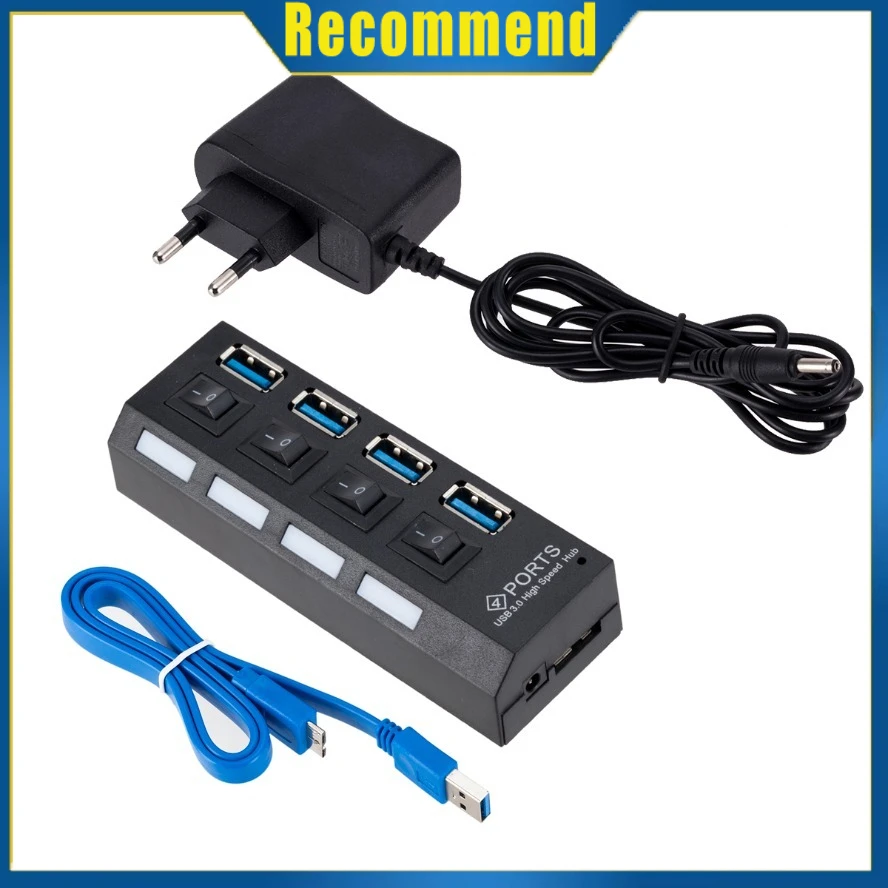 7-Port USB 3.0 Hub with Power Adapter and Individual Switches