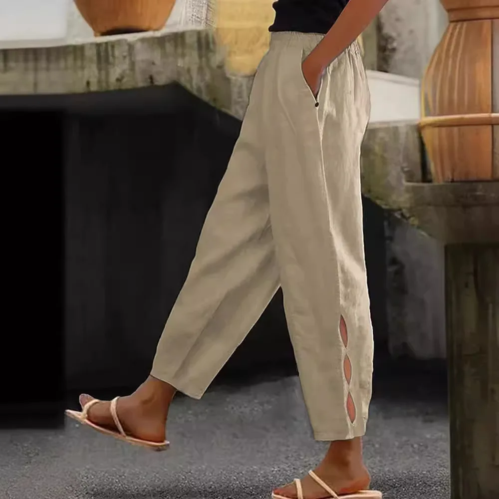 Women Fashion Embroidered Lace Trousers Vintage Lace-Up Pockets Pants Summer Elegant Loose Elastic Waist Long Pants Streetwears