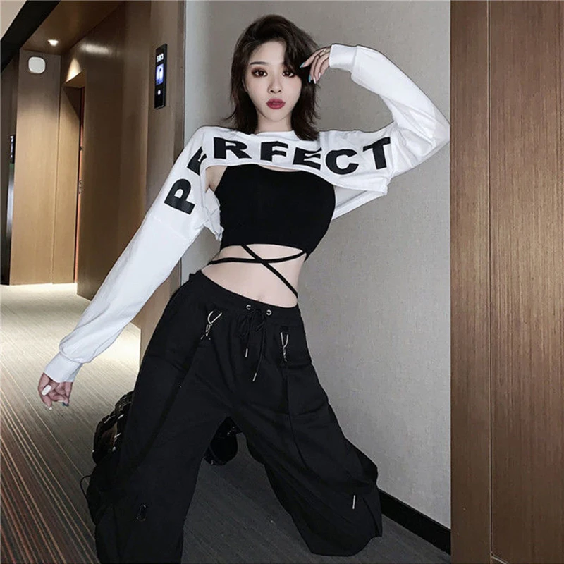 Emo Crop Top Black Cargo Pants Egirl Suit Alt Clothes Sexy Gothic Overalls T-shirt Techwear Joggers Punk Y2k Sweatpants Hip Hop