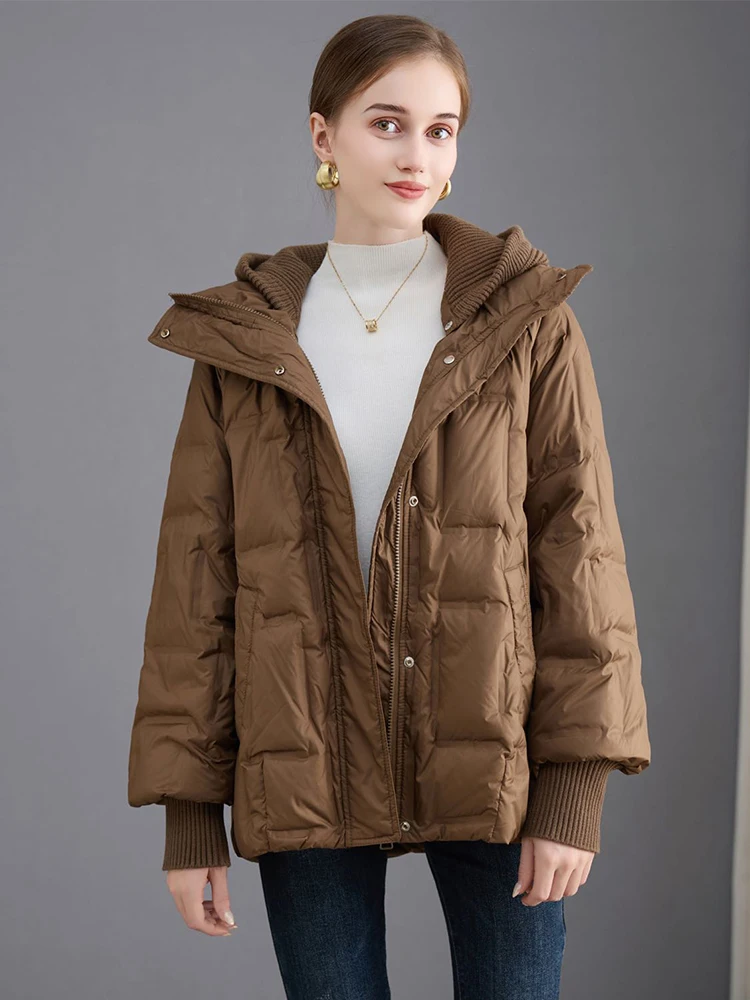 Janveny 2025 New Winter Short White Duck Down Jacket Women Casual Loose Warm Parkas Knitted Hat Detachable Puffer Down Coat