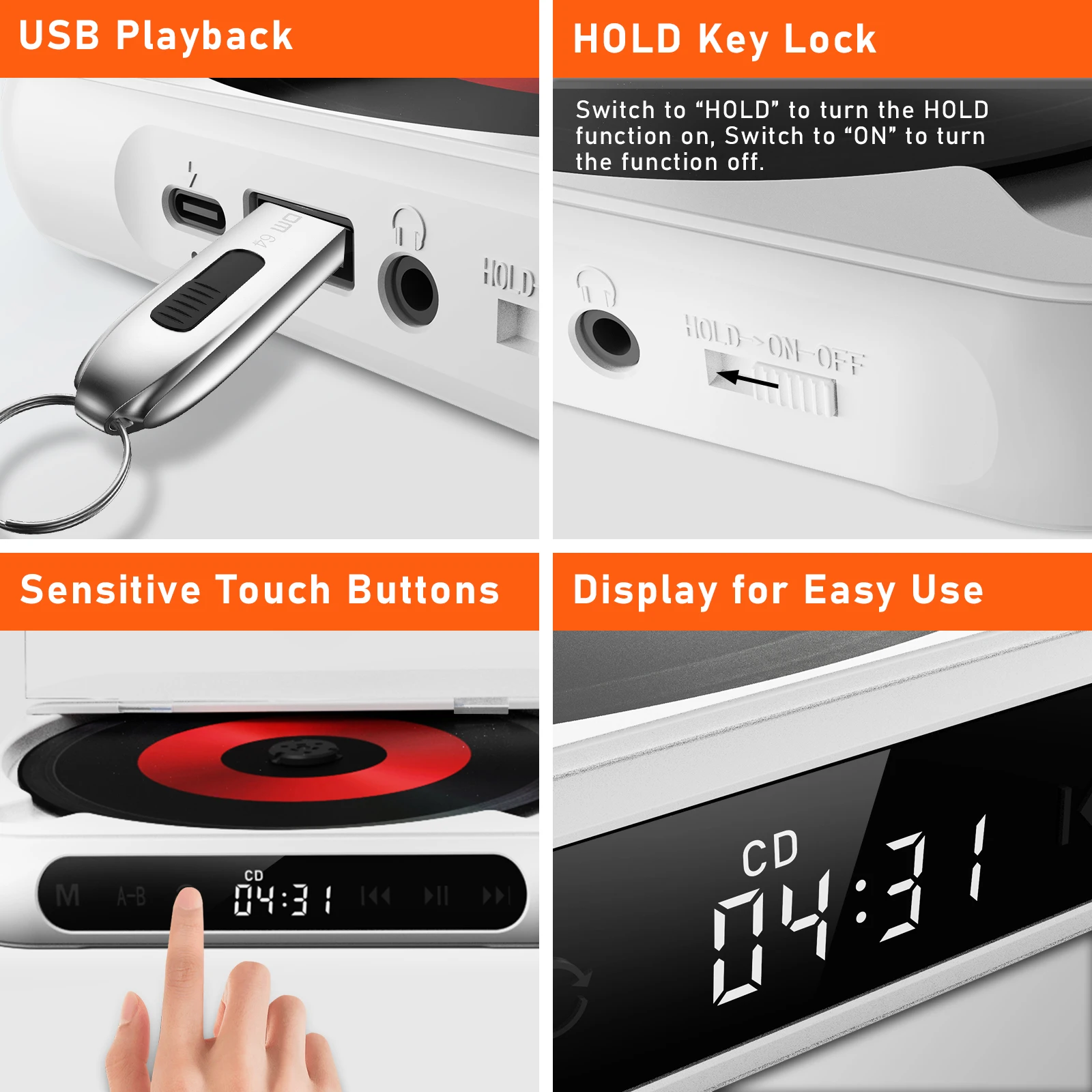 KC918 CD Player - Portable Bluetooth Speaker, LED Screen, Stereo Player, HIFI Sound Quali, Built in 2000mAH Rechargeable Battery 5