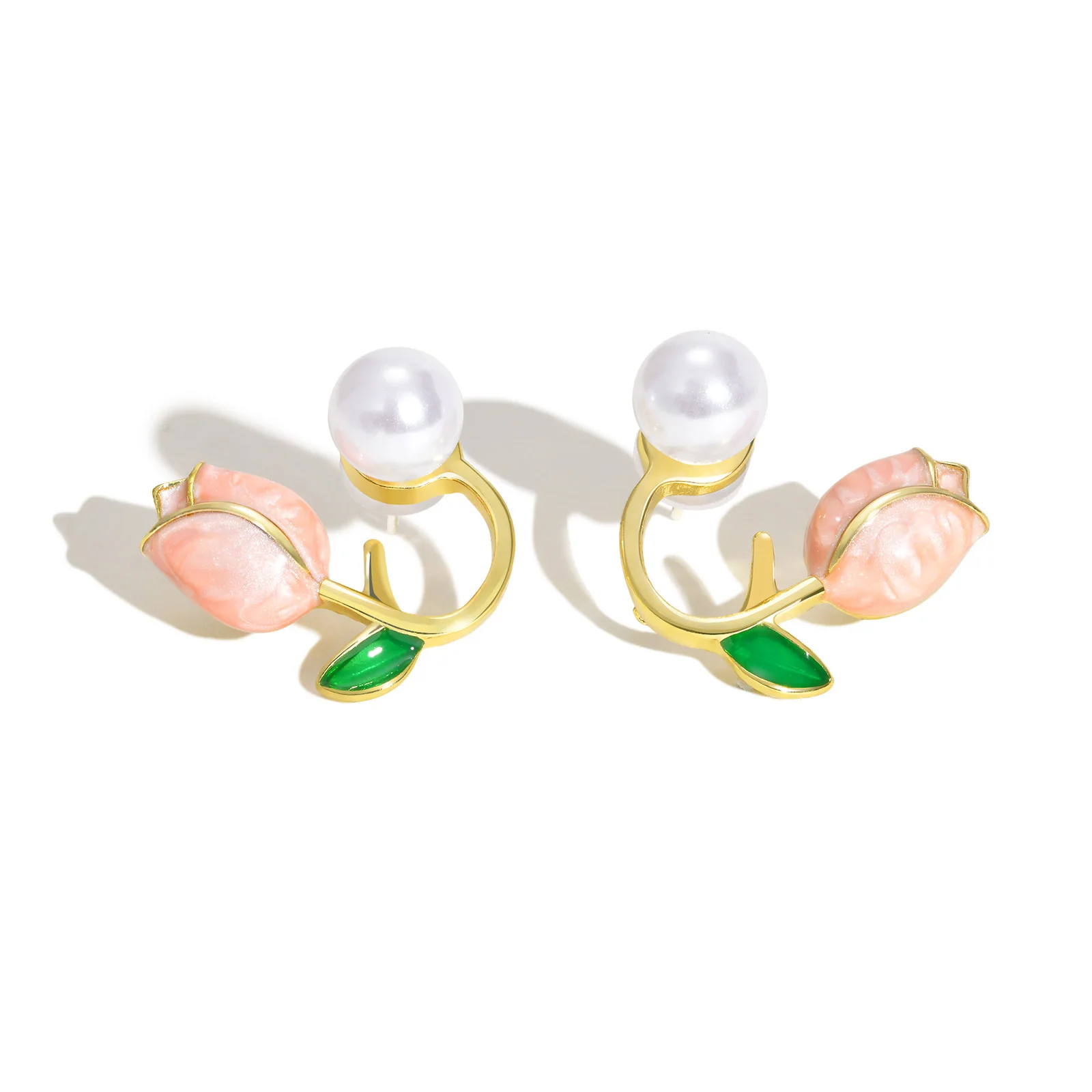 Prjewel Hellrosa Tulpen-Perlen-Ohrstecker, exquisiter vergoldeter Wer-Ohrring für Frauen, romantischer Statement-Schmuck, Mädchen-Geschenk